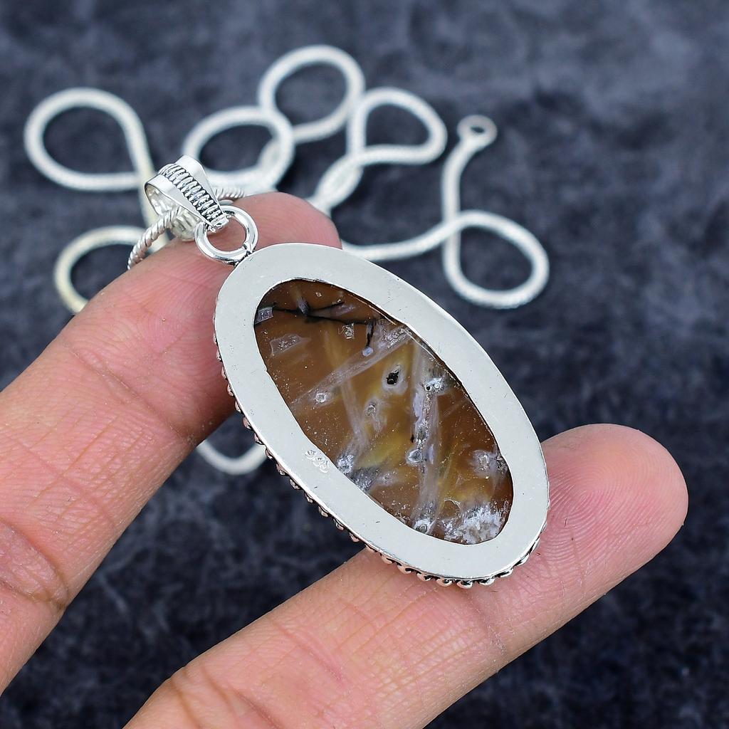 Tube Agate Gemstone Handmade 925 Sterling Silver Jewelry Pendant 2.29" M-2954