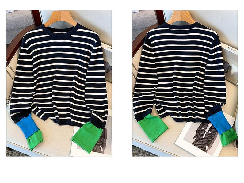 Thickened Skin-Friendly Age-Reducing Colorblock Cuffs Striped Knit Sweater - Xiaohongshu Style Long-Sleeve Base Layer for Autumn/Winter