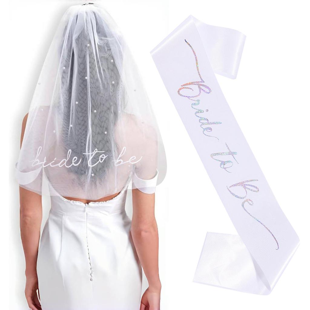 Bridal Pearl Embroidered Veil Shoulder Strap Set Bride Tobe Etiquette Strap Bachelorette Party Wedding Dress Up