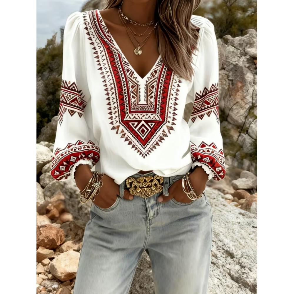 

Printed retro western-style shirt V-neck women s long-sleeved top, with lantern sleeves design, tribal pattern, suitable for casual wear and vacation XXL білий