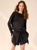 Bohemianbeullu [Set] String Tie Boat Neck Loose Fit Rash Guard Db/True Black Layered Wrap Shorts Setup