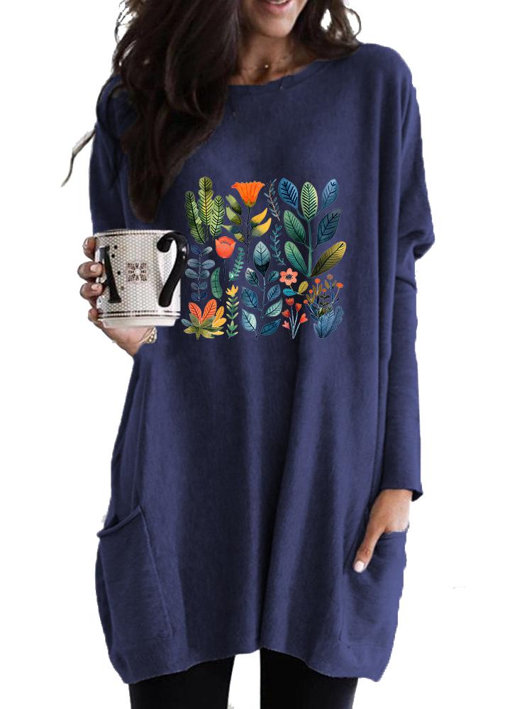 Ladies Sweatshirt Women's Long Tunic with Pockets Loose Fit Fashion Printed Logn Sleeve Top