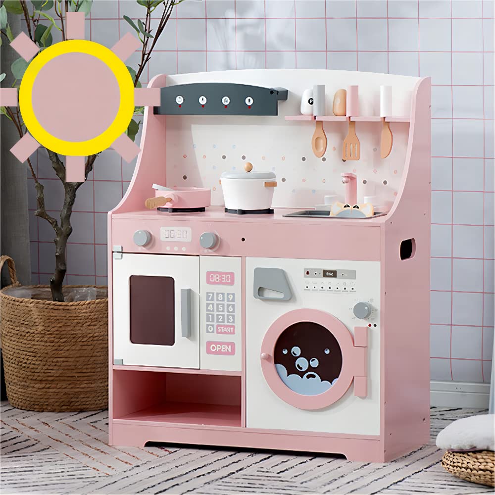 OSJ Wooden Play Kitchen Set with Cooking Washing Display Mini Educational Imitation Toys for Christmas Birthday Present (OSJ) Utensils, Machine,