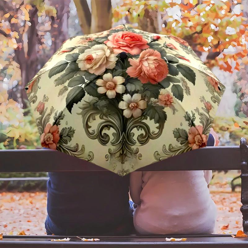 Retro flowers (2) Theme Automatic Umbrella Compact 8-Rib Design Sturdy Construction Durable Umbrella Stylish Accessory