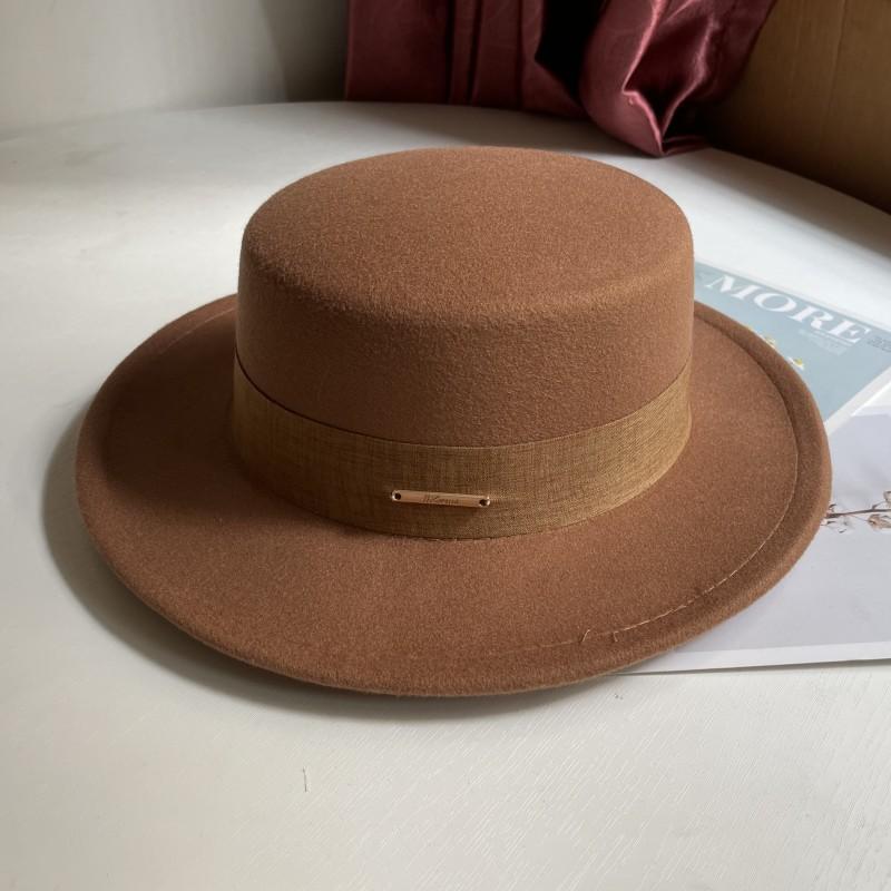 Hat Women's Autumn and Winter Flat Top Hat Wool Felt Hat British Retro French Elegant Fashion Versatile Warm Hat