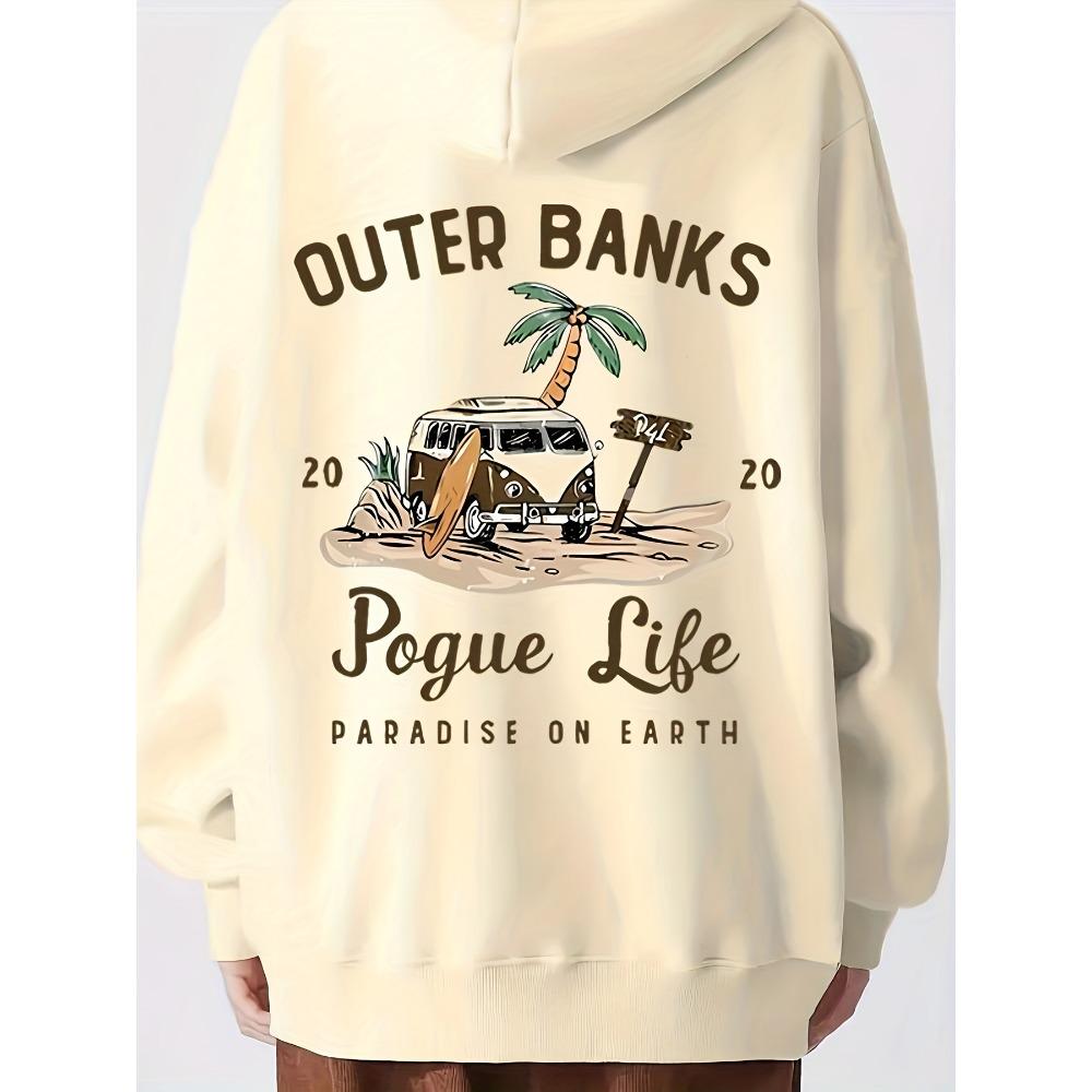 Cozy Hoodie Women's Casual Hoodie Outer Banks Pogue Life Letter Print Beach Graphic Kangaroo Pocket Cozy Autumn Apparel Trendy