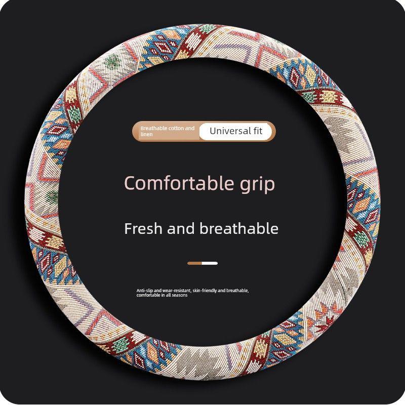 Ethnic Style Cotton and Linen Car Steering Wheel Cover, Universal for All Seasons, Non-Slip Handle Cover, Women's Cartoon Summer Fabric