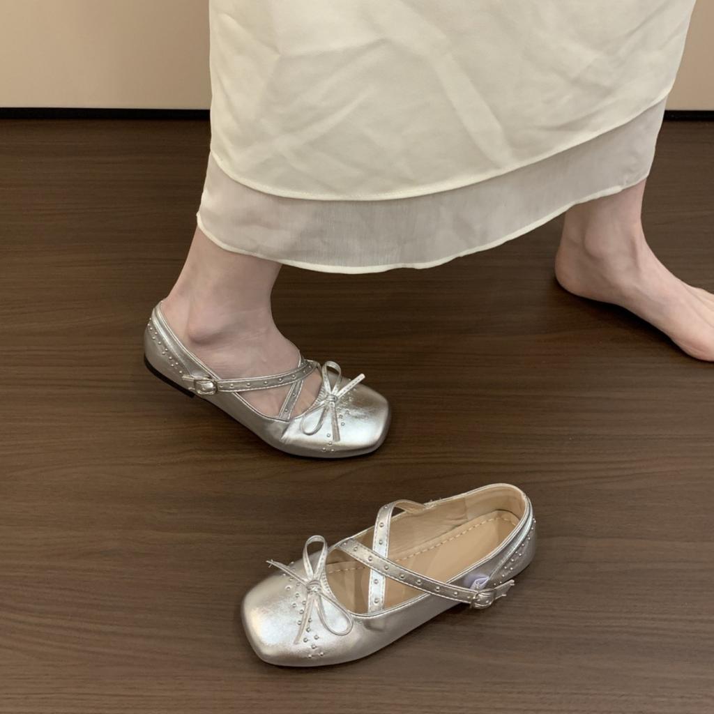 French Flat-soled Silver Single Shoes Women's 2025 New Summer Skirt Mary Jane Small Leather Shoes Ballet Beanie Shoes