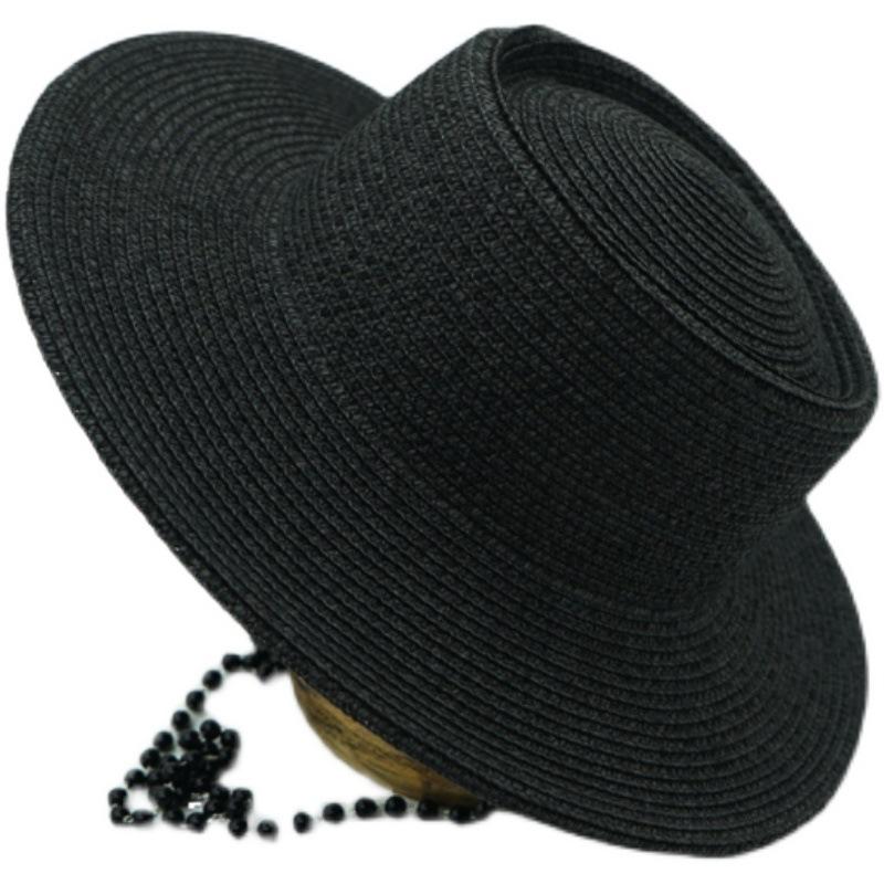 Street Shot Black Pearl Chain Flat Top Top Top Hat Women'S Summer French Retro European And American Wide Brim Sunscreen Straw Hat Foreign Trade Ins