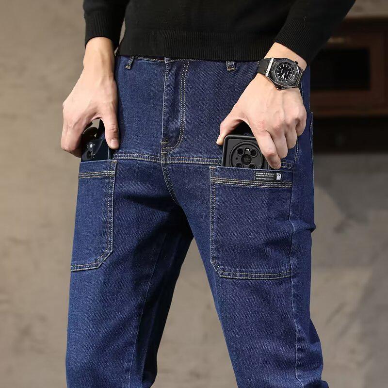 

Мужские эластичные прямые джинсы с шестью карманами: Повседневный облегающий крой для весны и лета 30 темно-синий