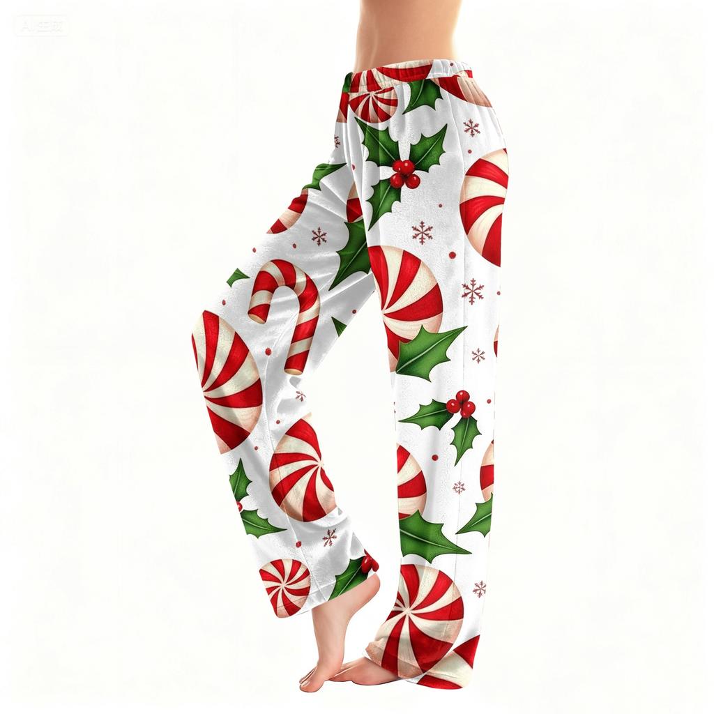 Women's Christmas Plush Pants with Snowflake and Christmas Tree Print, Cozy Sleep Pants for Home