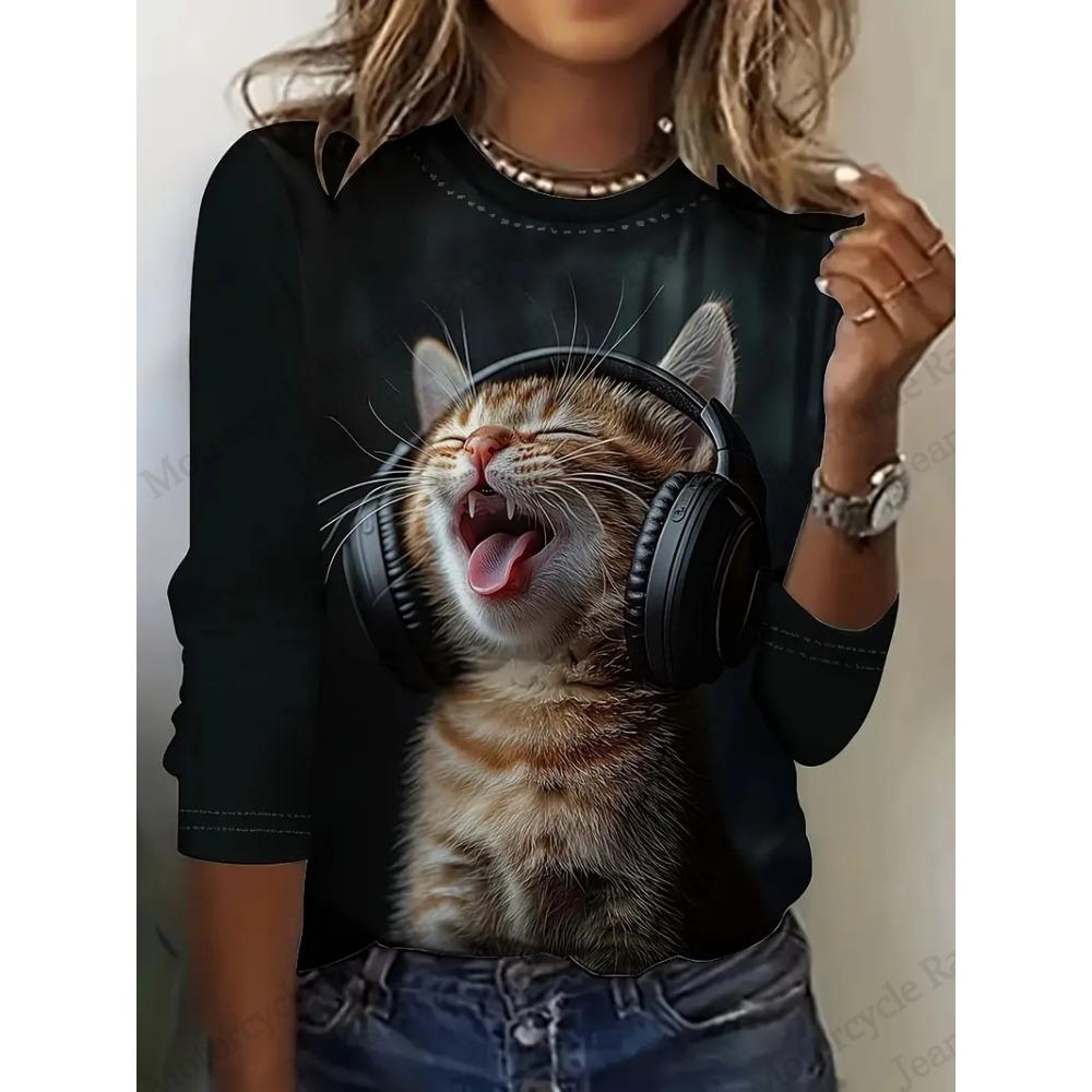 Two Cute Cat Patterns Graphic 3d Print T-Shirt Women's Long Sleeve T-shirt Women Clothing Top Fashion Casual Oversized Tops Tees