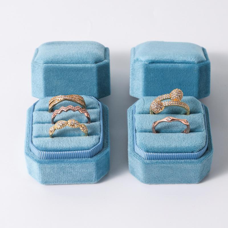 Factory Brand Velvet Ring Box Wedding Ring Octagonal Double Ring 3 Rings Gift Jewelry Packaging Storage Box Double rings&Velvet&Velvet синий