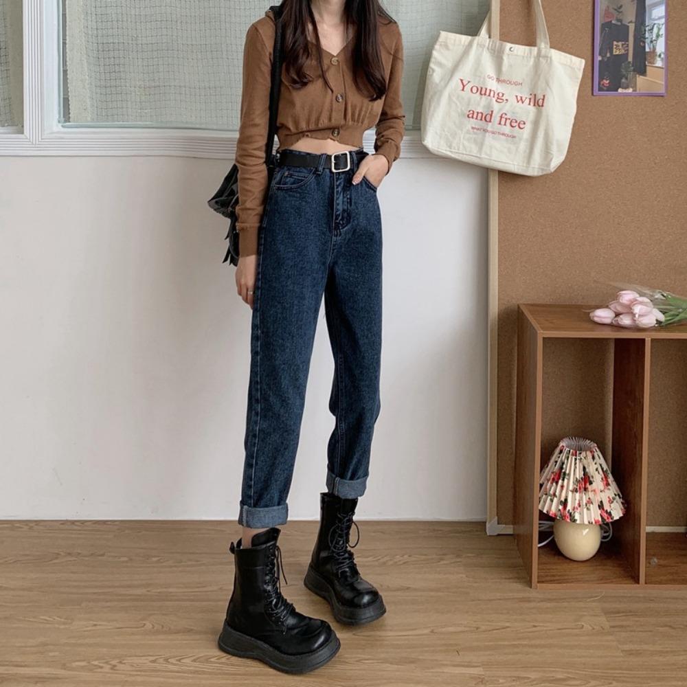 Jesień i zima 2025 nowe damskie dżinsy typu daddy w wersji koreańskiej, wszechstronne, proste, cienkie, małe Harlan