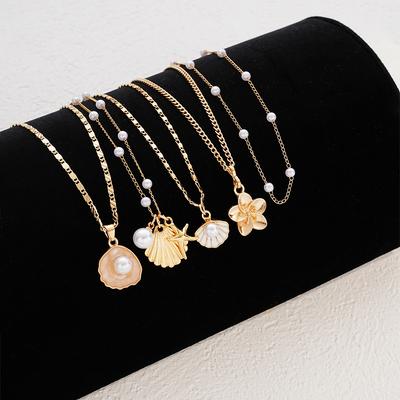 5 Stück Boho Seestern Muschel Anhänger Halskette Set Für Frauen Trendige Sommer Strand Perlen Blumen Halsketten Mädchen Reise Party Schmuck