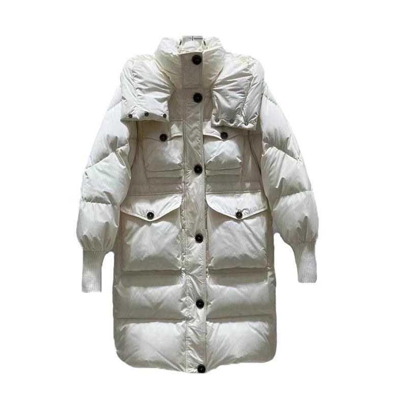 Tooling long down jacket women's 2024 winter new fashion hooded design sense four pockets warm over knee jacket