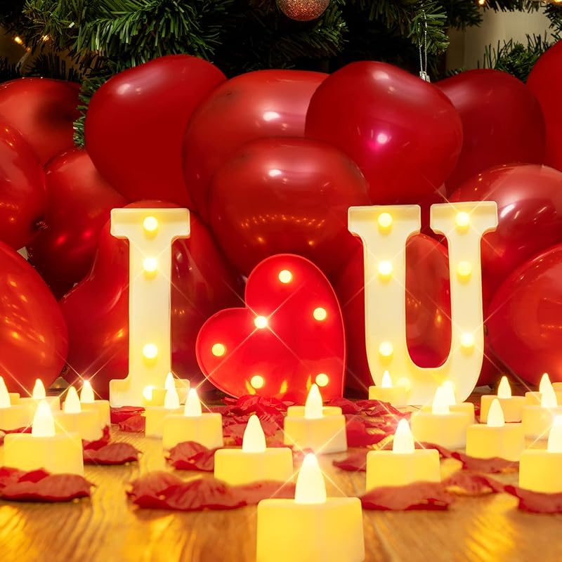 Homemory Marry Me Light Up Letters Proposal Decorations, Marry Me Sign with 24Pcs Flameless Candles 2000Pcs Red Fake Rose Petals 30Pcs Red Balloons 1- I LOVE U Sign Kit