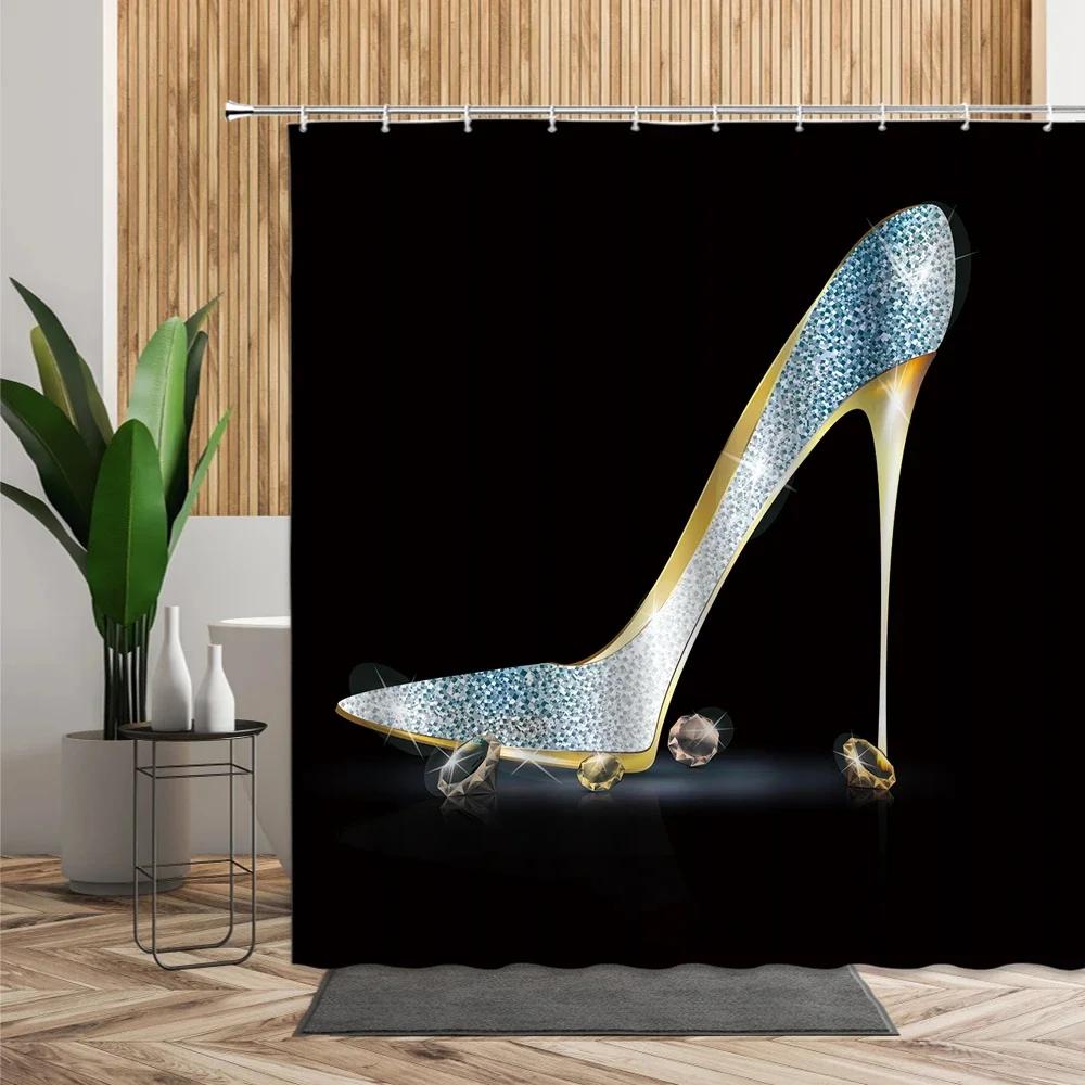 Rote High Heels Duschvorhänge Kosmetik Rote Lippen Rosa Badezimmerdekorationen Modernes Mode-Mädchen Schönheit Badevorhang mit Haken