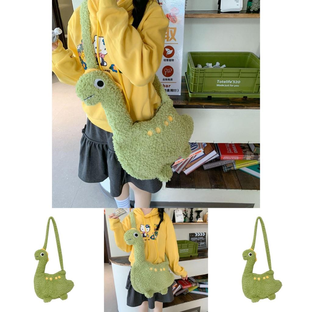 Cartoon Dinosaur Plush Bag For Girls Soft Toy Shoulder Wallet With Zipper Closure