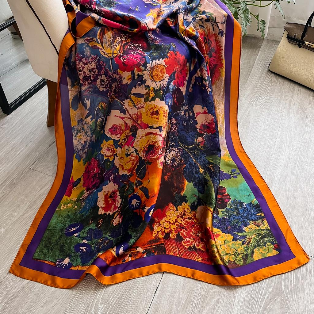 Popular 180X90CM Print Bandannas Europe America Silk Scarves Four Seasons Satin Beach Towel Fashion Flower Long Shawls