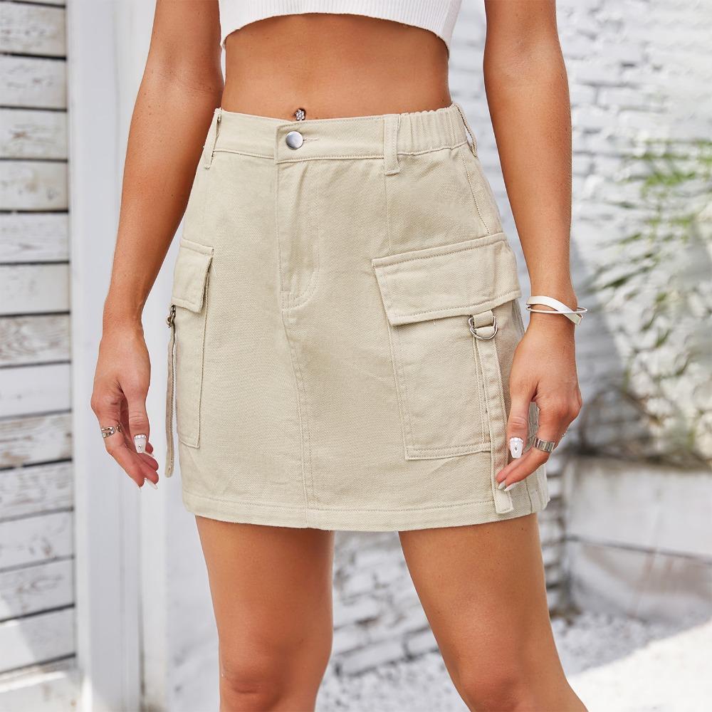 Women's Elastic Waist Straight Mini Denim Skirt Street Style Cargo Mini Skirt