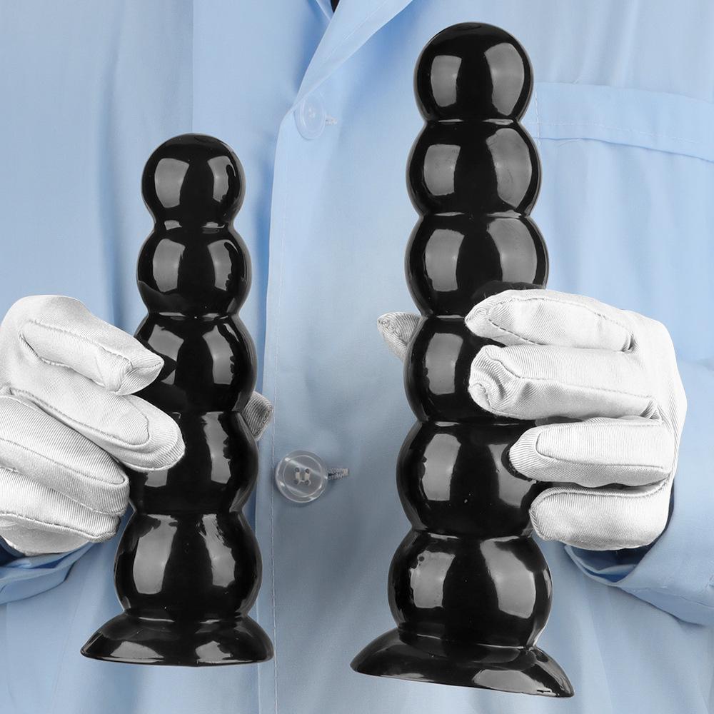 Six Beads Black Tower Suction Cup Anal Plug - Large Soft Pull Bead Dilator for Men and Women