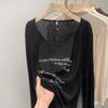 Women's Black Sheer Letter Print Long Sleeve Crew Neck Cover-Up Top