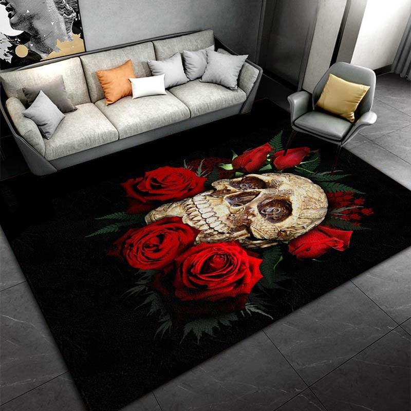 Skull and Red Roses Pattern Carpet, Gothic Style, Black Background Suitable for use as an anti-slip for living room bedroom sofas