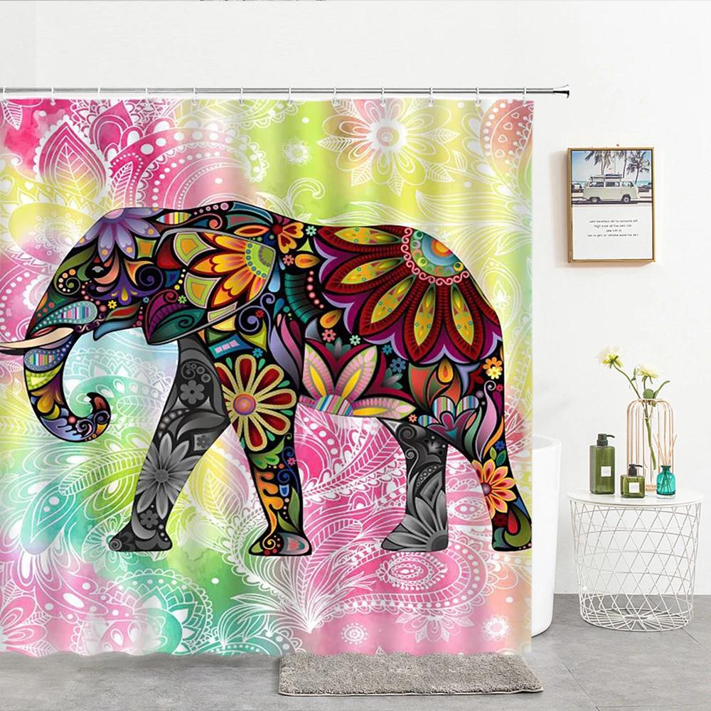 India Elephant Shower Curtains Colorful Mandala Bohemian Bathroom Curtain Waterproof Polyester Fabric Bathtub Screen With Hooks
