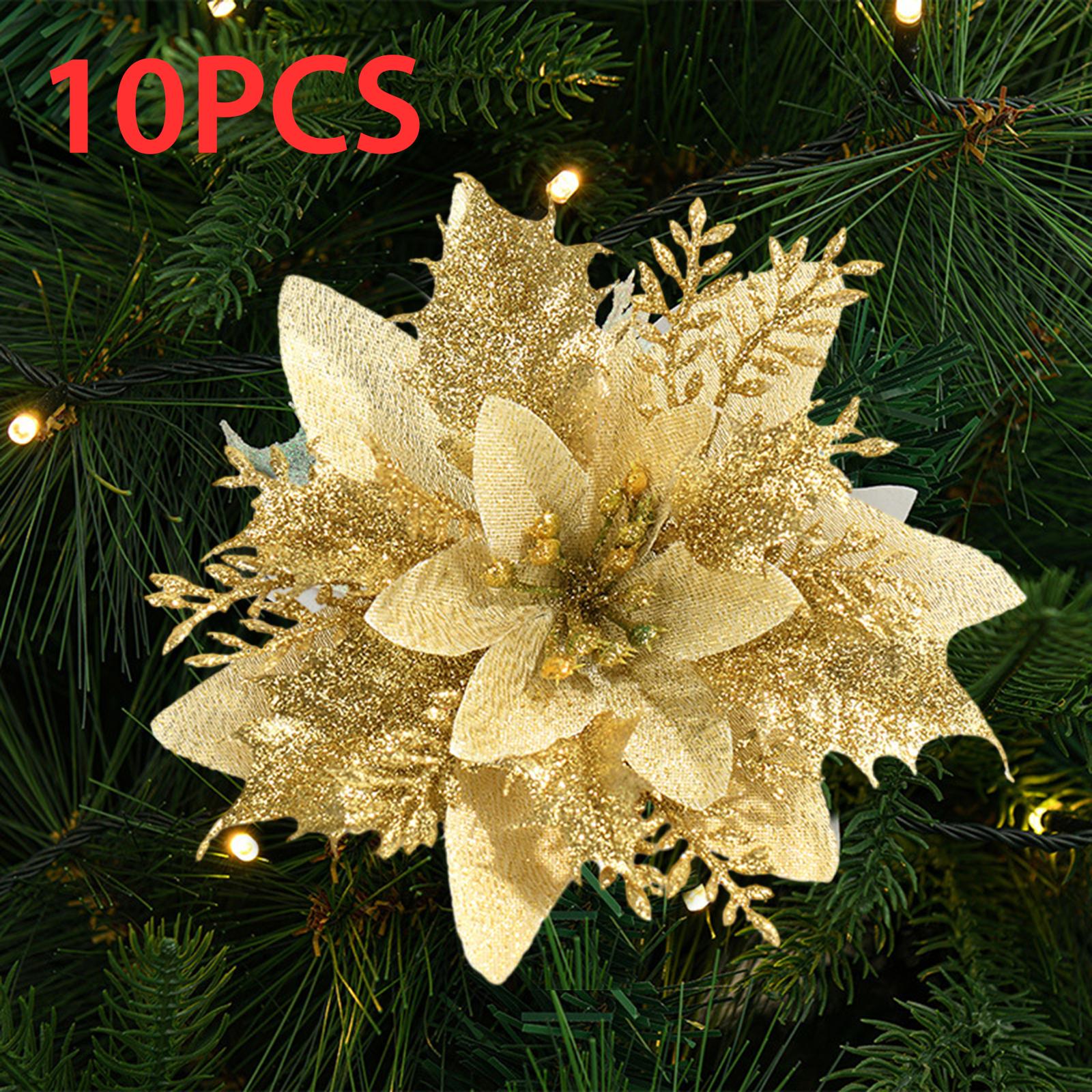 10Pcs Artificial Poinsettia Xmas Simulation Flower DIY Xmas Wreath Wedding Party Christmas Ornaments Glitter Poinsettia Flowers
