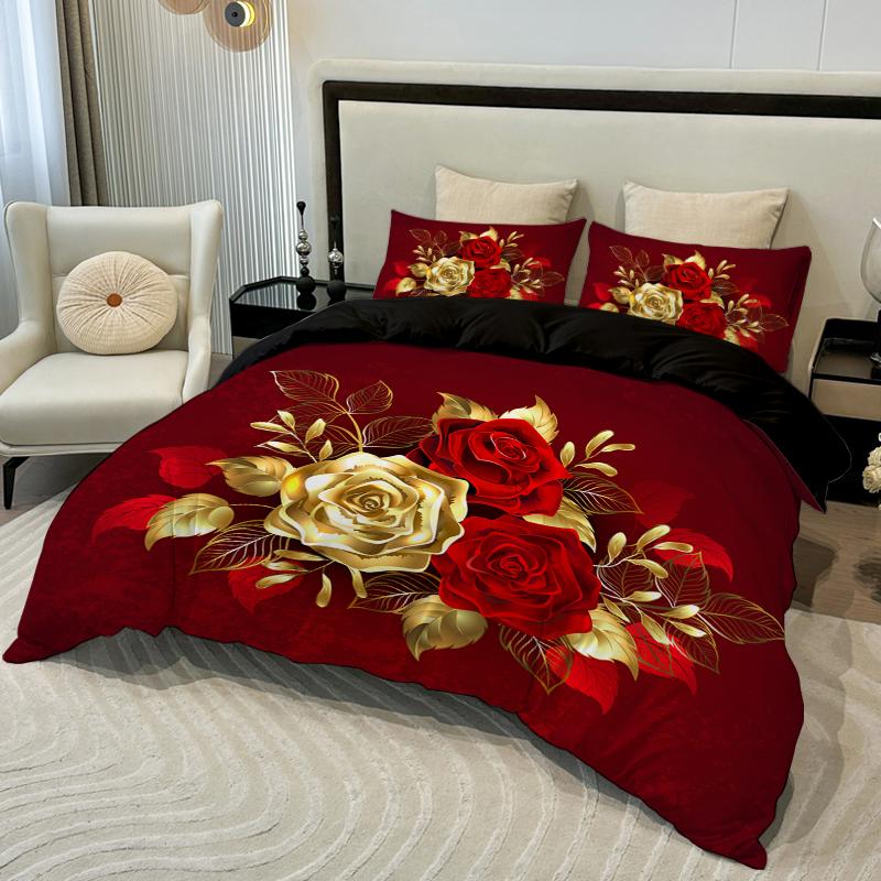 3pcs Golden Rose Duvet Cover SetSoft And Breathable Bedroom And Dormitory BeddingInclud (Duvet Cover*1+Pillowcase*2)