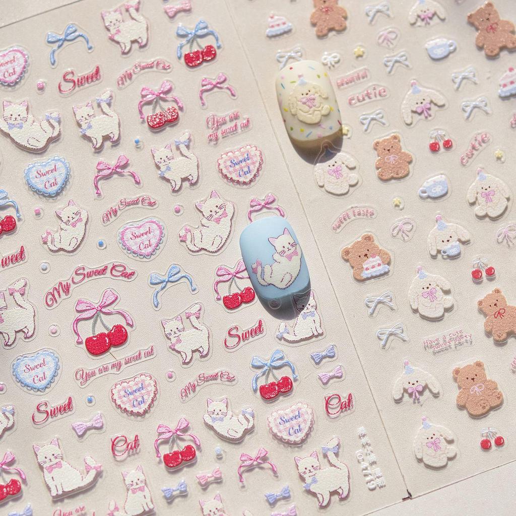 Graffiti Cute Cherry Cat & Bear Nail Art Stickers - DIY Self-Adhesive Bow Design