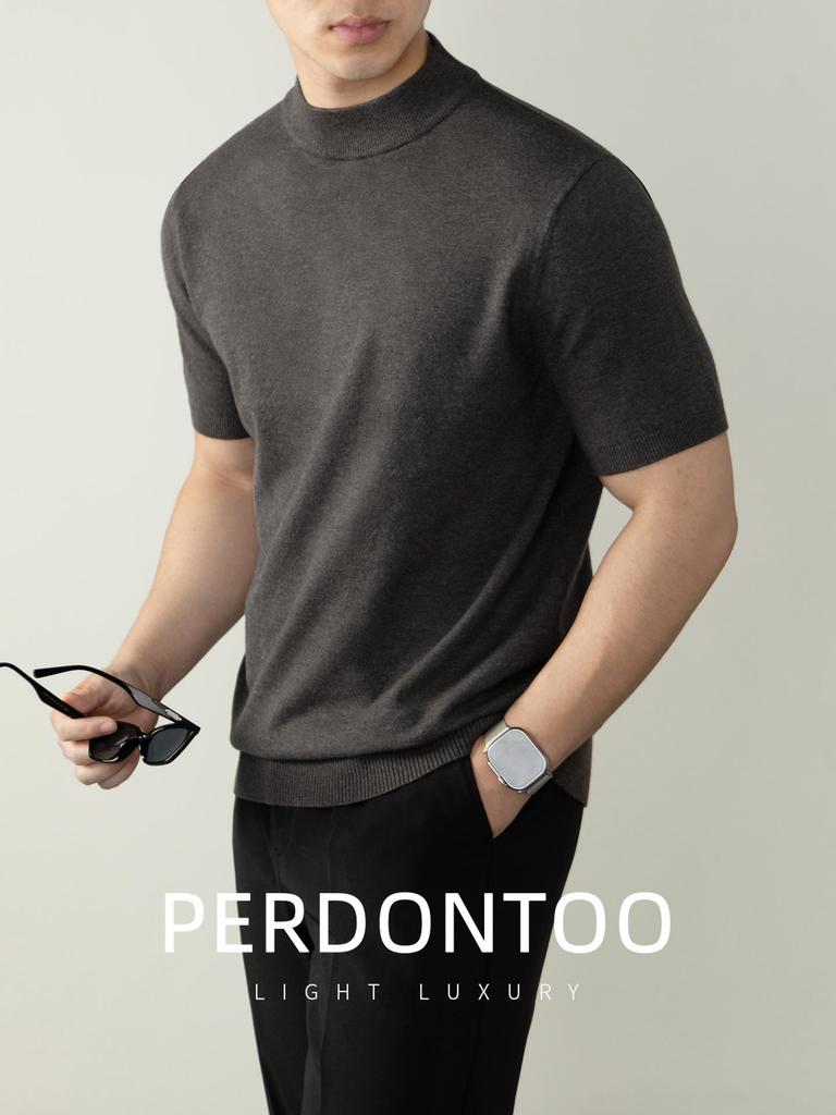 Italian Light Luxury Men's Wool High-Neck Short-Sleeve Knit T-Shirt for Commuting and Casual Autumn/Winter Wear