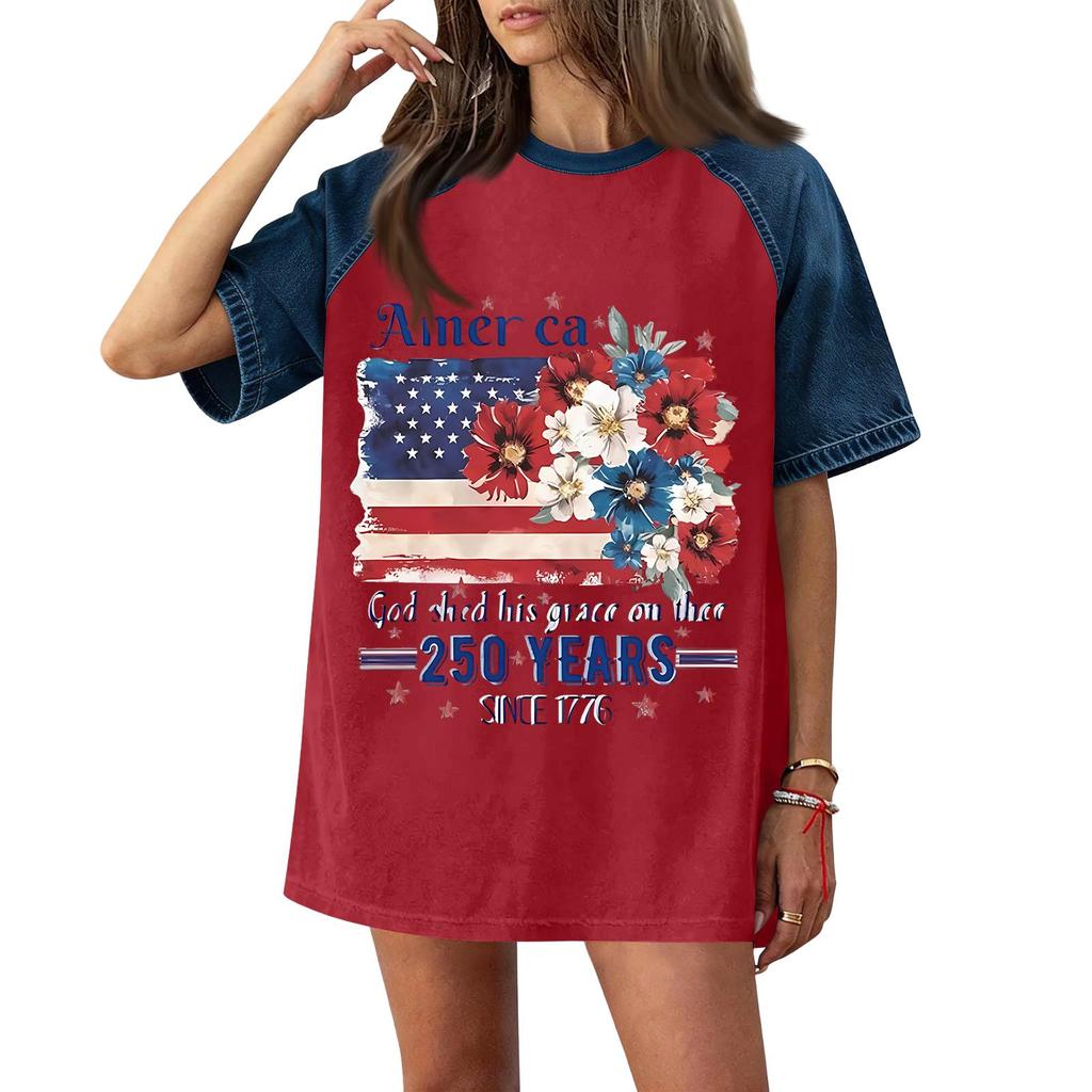 Denim Patchwork Shirts For Women Stand Collar Casual Blouse Short Sleeve Comfy Tshirt Spring Summer Fashion