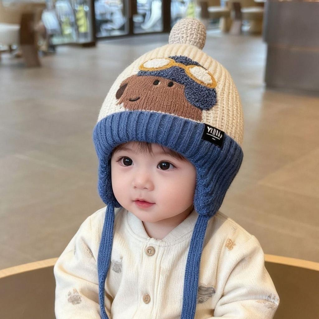 Outdoor wool hat for boys and children, cute thickened windproof ear protection, cute warm and cold winter baby hat pullover hat