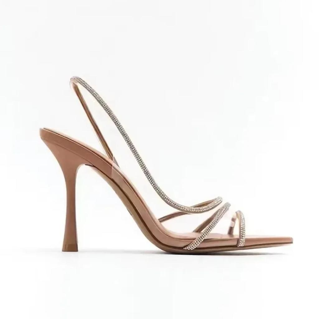 2025 New High Heels Sandals Women's Fairy Style Sexy Thin Heel Shallow Mouth Back Hollow Pointed Water Diamond Open Toe Sandals