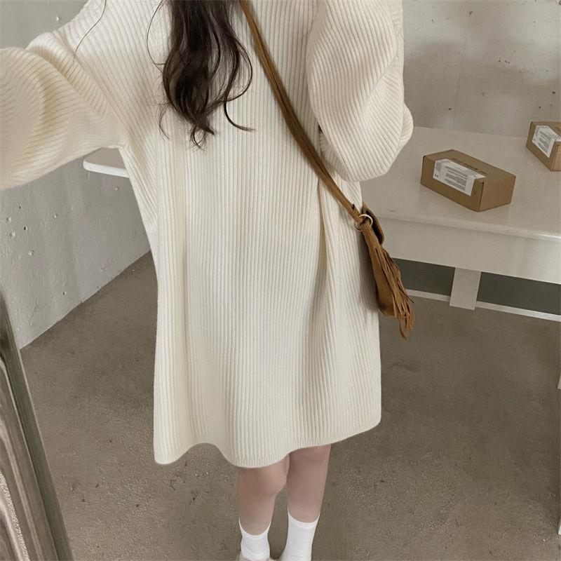 Winter Dress Turtleneck Batwing Long Sleeves Ribbed Warm Sweater Dress Ladies Autumn Winter Knitted Midi Dress