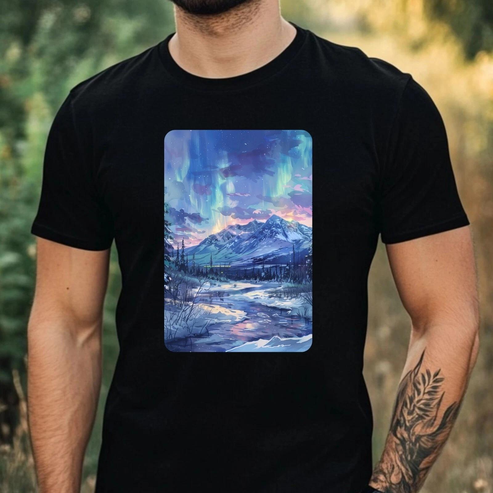 T-Shirt Herren Aquarell Nordlicht Motiv Baumwolle Größe XS bis 5XL M