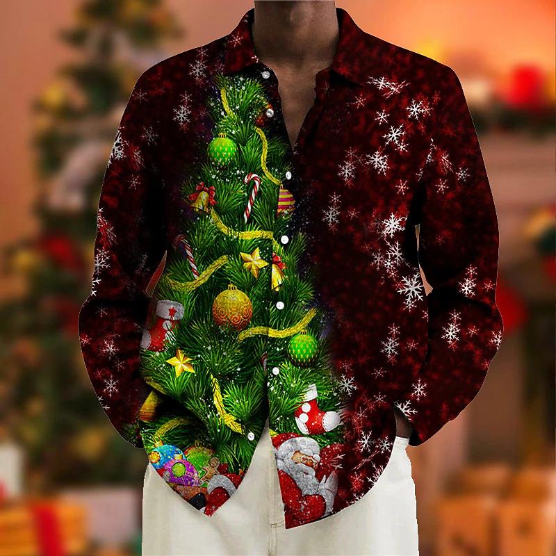 Christmas Men's Dress Shirt with Red Snowflake and Cedar Pattern, Black Lapel Bow Tie, Festive Party Style Men's Shirt