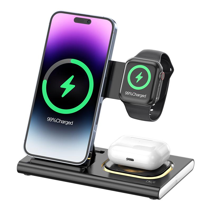 

JJT-A80 3-in-1 Desktop Foldable Wireless Charger Phone Watch Earphone Charging Stand with Night Light Black