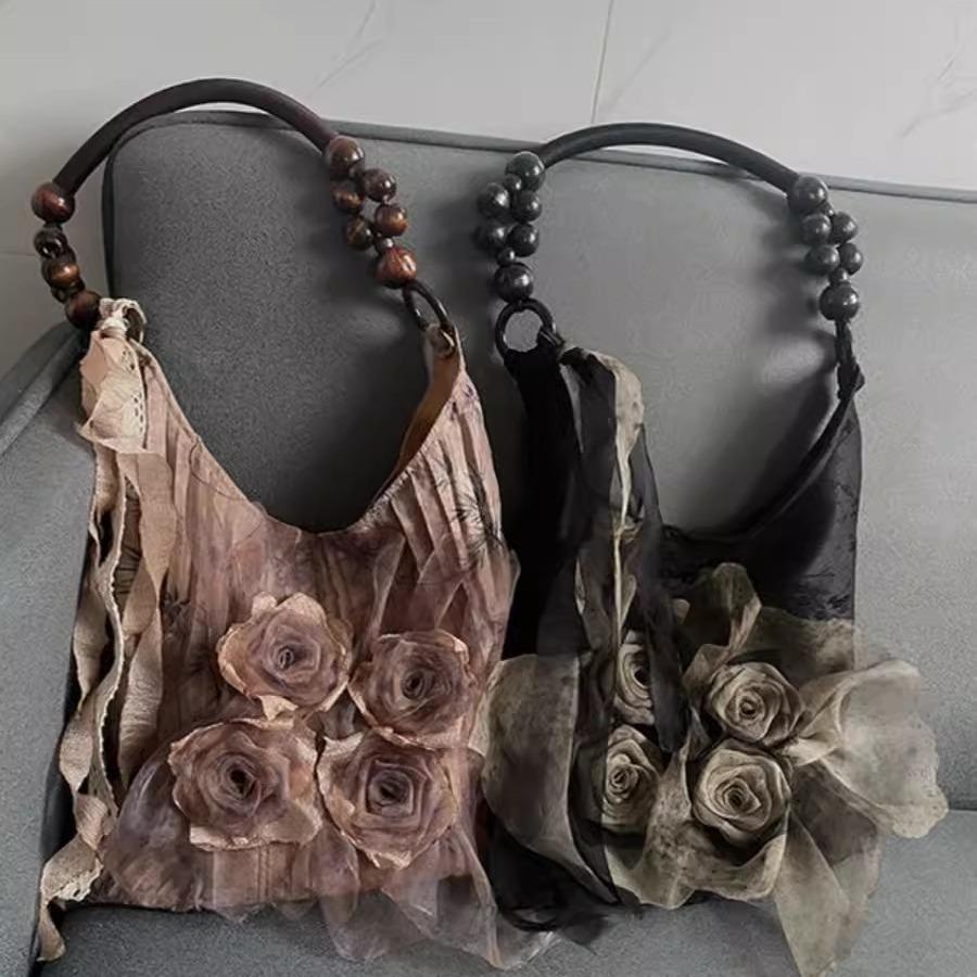 Chinese Style, Wood and Grass Dyeing, Rose Blossom Bag, Pleated Design, Underarm Commuting Bag, Large Capacity, Tote Bag, Single Shoulder Handbag