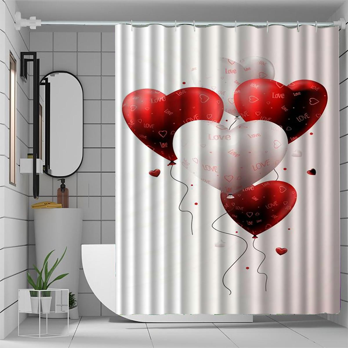 Love Balloon Curtain, Anti-Fog, Red & Black Hearts,  Love  Text, Durable Polyester, Machine Washable, Hooks Included W90xH180cm