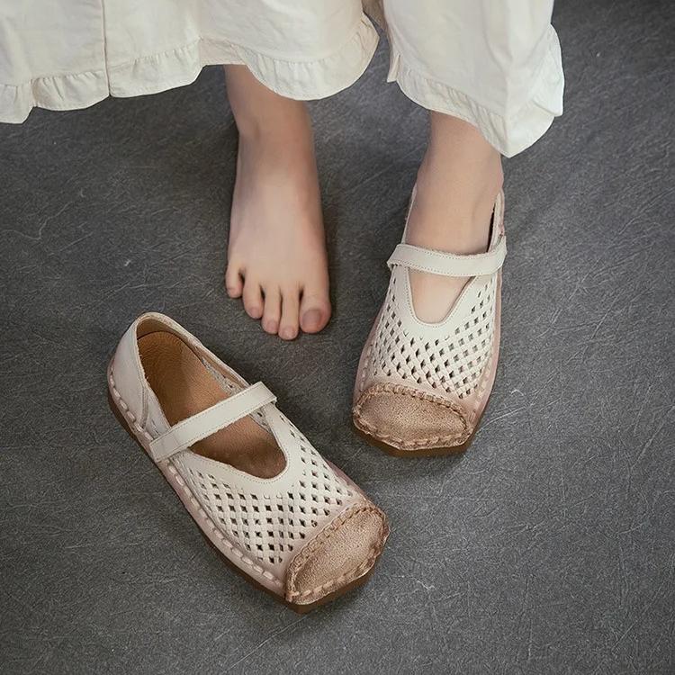 Johnature Genuine Leather Retro Hollow-out Breathable Flat Sandals Square Toe Comfortable Women's Shoes