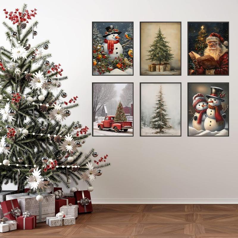 6pcs Santa Claus and Snowman Wall Art Canvas Painting Nordic Winter Snow Scene Prints Poster Living Room Bedroom Christmas Decor
