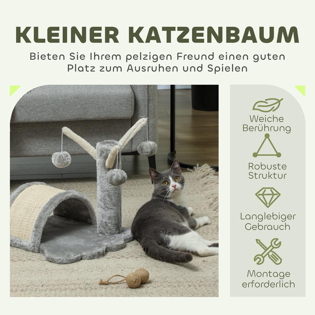 Cat Tree 40 cm Small Cat Tower with Cave, 2 Play Balls, Scratching Mat, Cat Scratching Post, Climbing Tree, for Small & Large Cats, Light Gray