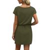 Women's Summer V-neck T-shirt Casual Short Sleeve Drawstring With Pocket Solid Color Dresses