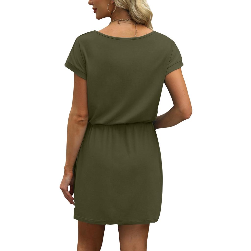 Women's Summer V-neck T-shirt Casual Short Sleeve Drawstring With Pocket Solid Color Dresses