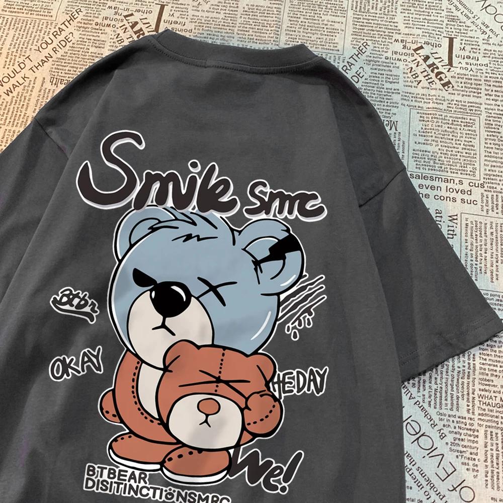 Teddy Bear With Hood Off T Shirt Men Women Hip Hop Streetwear Couple Printing Tops O-Neck Tee Clothes Cotton Oversized Tee