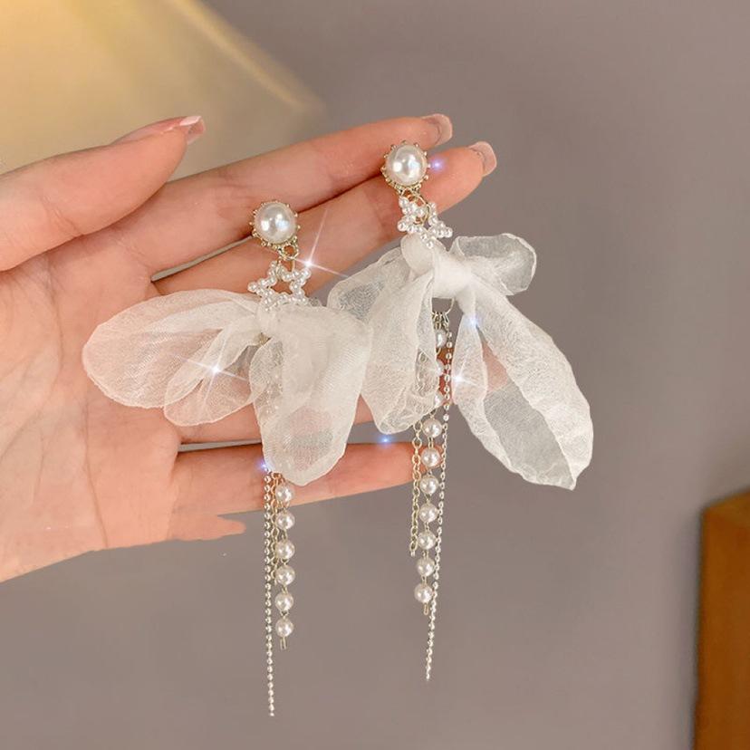 Silver Needle Super Fairy Elegant Bow Flower Stud Earrings French Light Luxury Earrings Literary Style Sweet Versatile Earrings