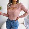 Fall Winter Women Slim Fit Long Sleeve Knitted Sweater Solid Color Cutout Twist All Match Tops